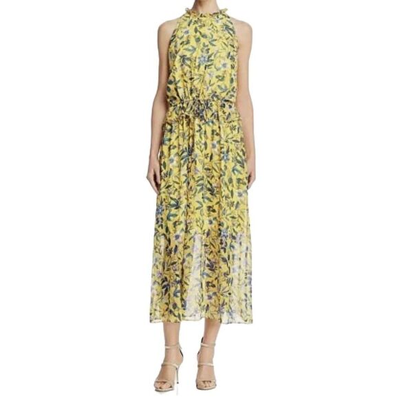 Sam Edelman Yellow Floral Sheer High Neck Peplum waist Maxi Dress - Sz 4 - Picture 1 of 10